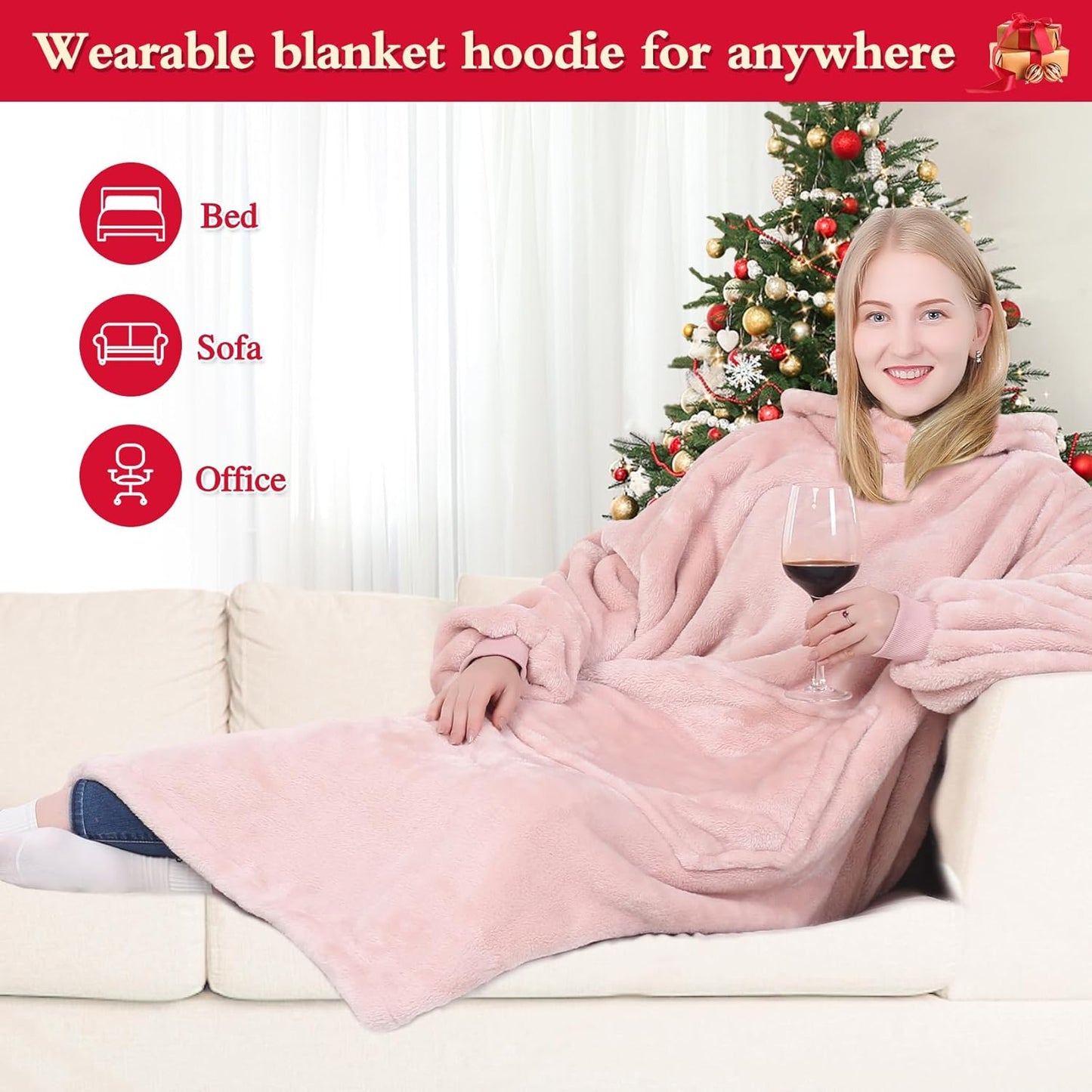 Wearable Blanket Hoodie Gifts for Women and Men, Oversized Hooded Blankets Sweatshirt, Cozy and Warm Fleece Blanket with Sleeves and Giant Pocket for Adults and Kids, Pink