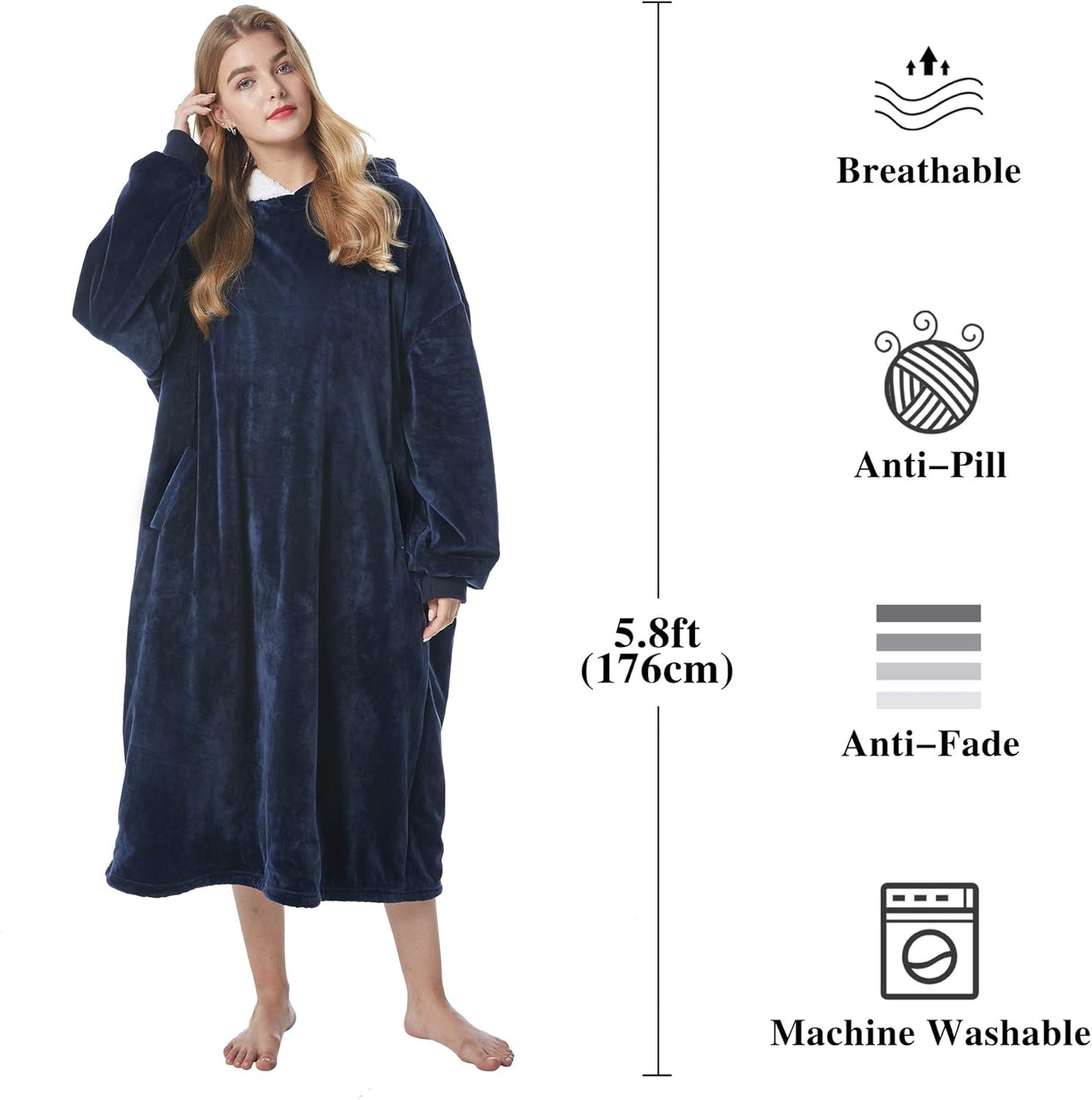 Hoodie Blanket, Long Wearable Blanket Sweatshirt for Adults Women Men Warm Cozy Thick Oversized Blanket Hoodie with Pockets and Sleeves Gift for Her Mom Girls