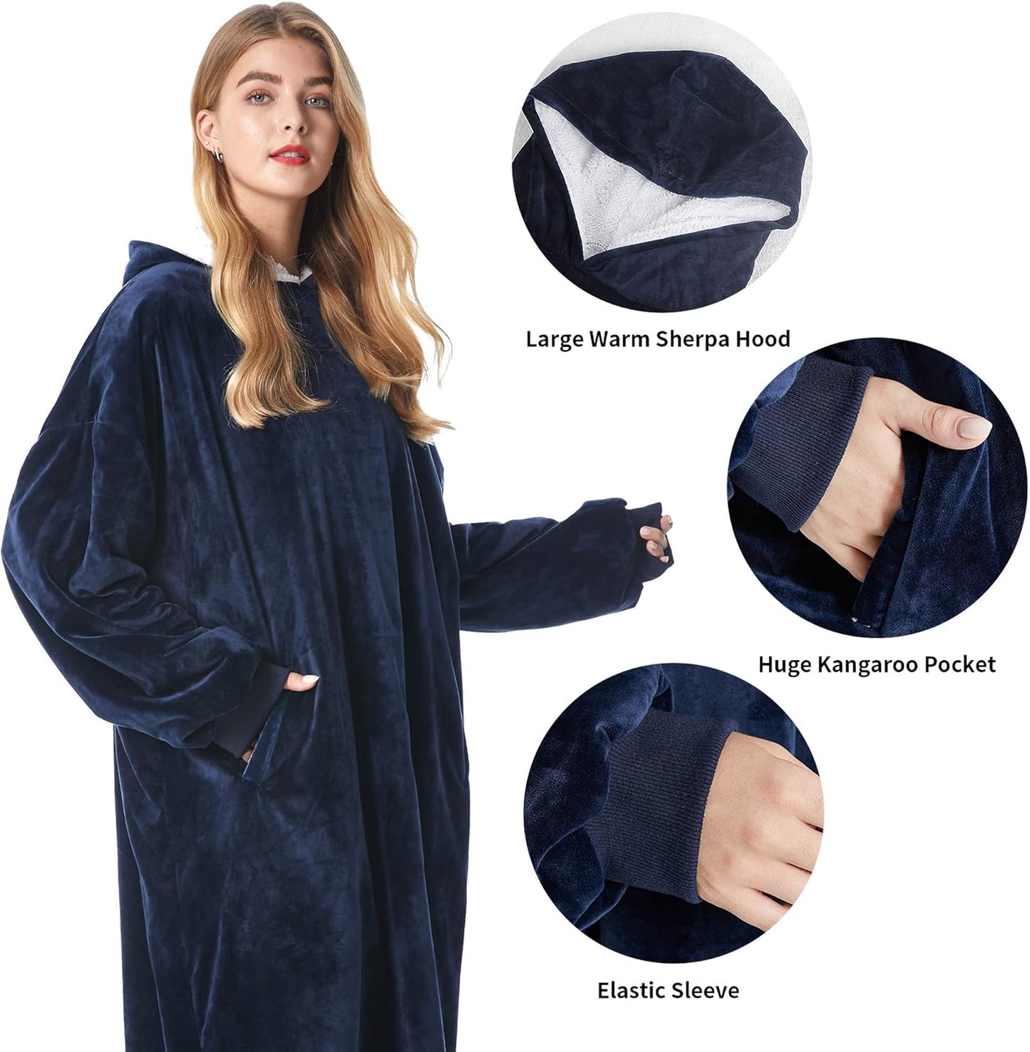 Hoodie Blanket, Long Wearable Blanket Sweatshirt for Adults Women Men Warm Cozy Thick Oversized Blanket Hoodie with Pockets and Sleeves Gift for Her Mom Girls