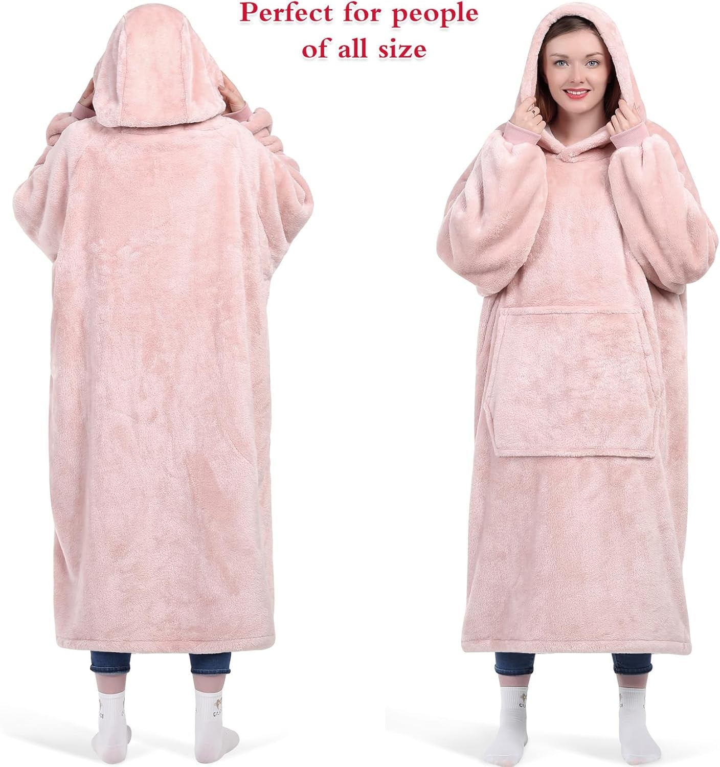 Wearable Blanket Hoodie Gifts for Women and Men, Oversized Hooded Blankets Sweatshirt, Cozy and Warm Fleece Blanket with Sleeves and Giant Pocket for Adults and Kids, Pink