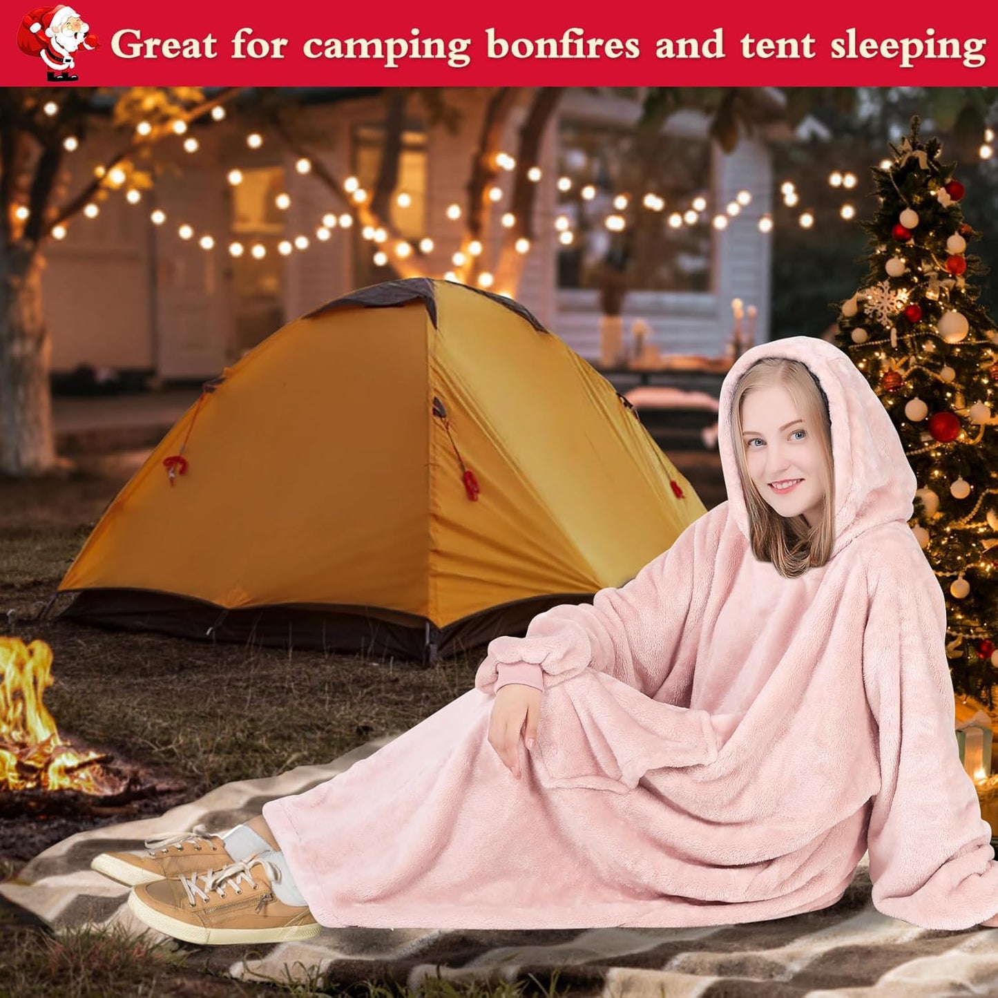 Wearable Blanket Hoodie Gifts for Women and Men, Oversized Hooded Blankets Sweatshirt, Cozy and Warm Fleece Blanket with Sleeves and Giant Pocket for Adults and Kids, Pink