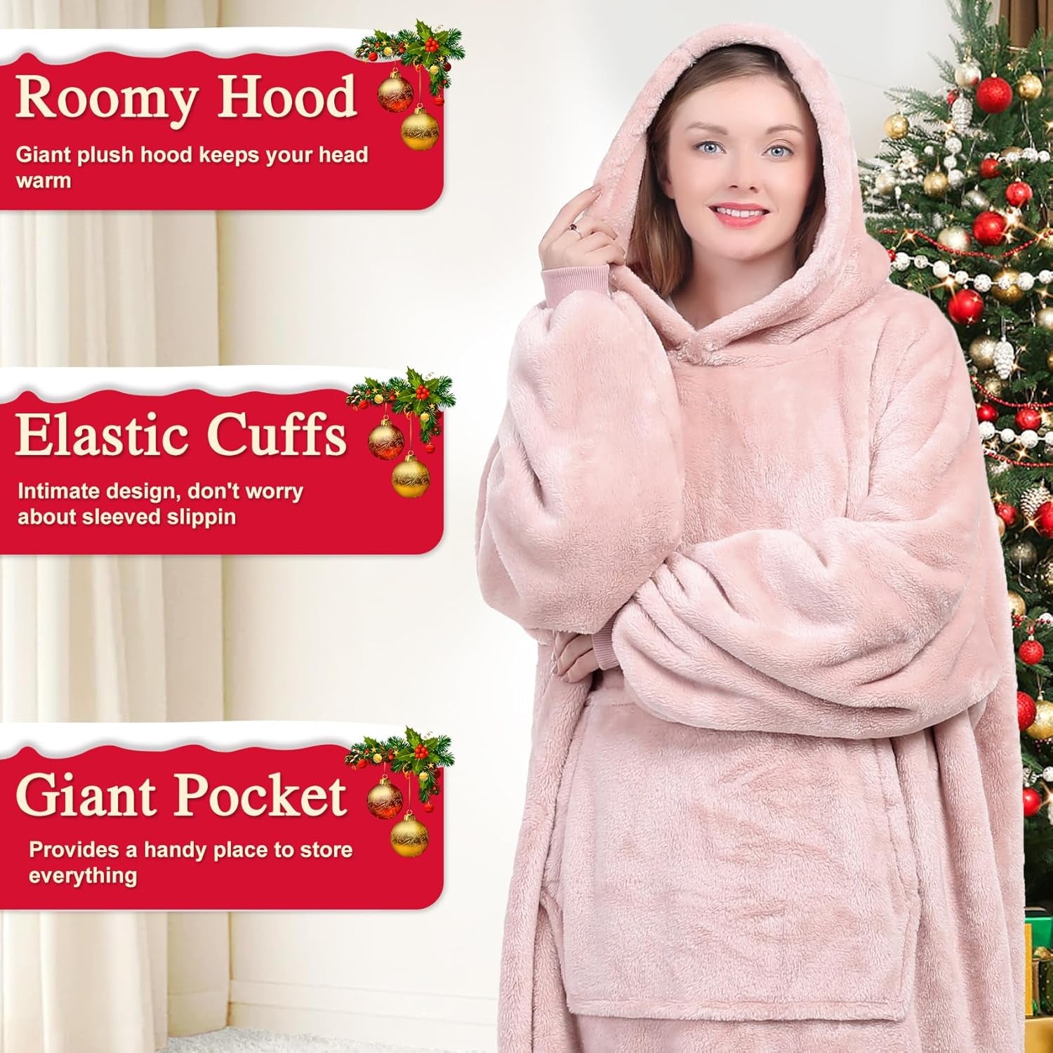Wearable Blanket Hoodie Gifts for Women and Men, Oversized Hooded Blankets Sweatshirt, Cozy and Warm Fleece Blanket with Sleeves and Giant Pocket for Adults and Kids, Pink