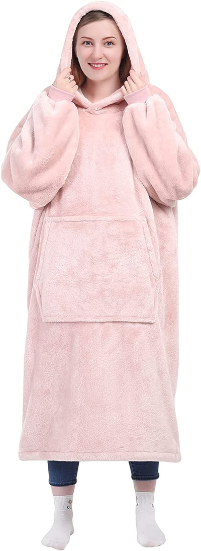 Wearable Blanket Hoodie Gifts for Women and Men, Oversized Hooded Blankets Sweatshirt, Cozy and Warm Fleece Blanket with Sleeves and Giant Pocket for Adults and Kids, Pink
